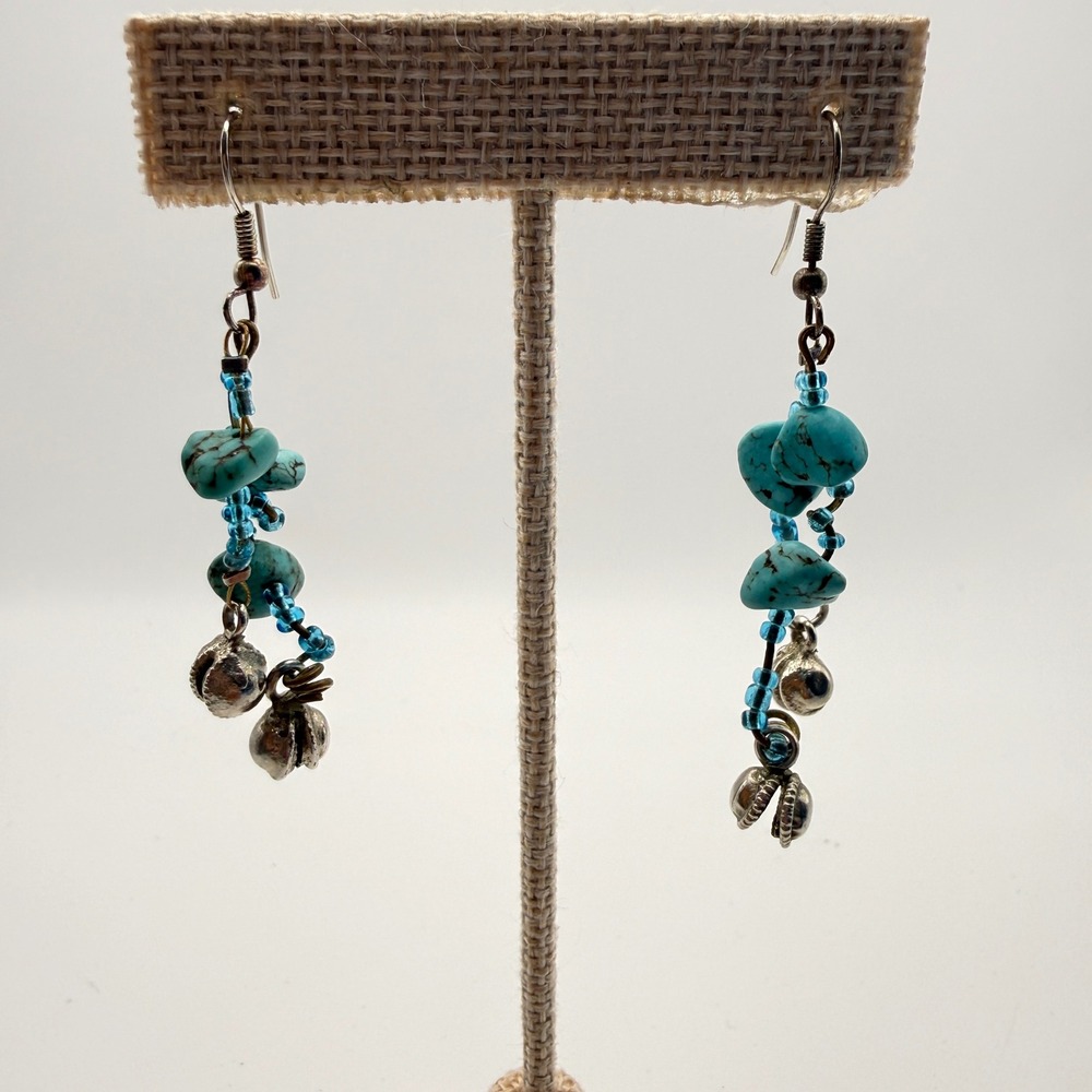Artsy OS Blue Turquoise Beaded Dangle Earrings Silver Bell Charm Boho